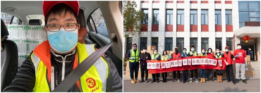 左圖：10輛轎車后座和后備箱堆滿了菜，出發送給社區；右圖：各位志愿者協助接收消毒防護物資